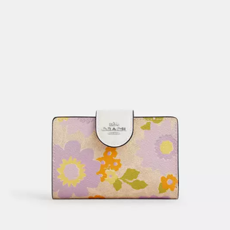 Medium Corner Zip Wallet In Signature Canvas With Floral Print
