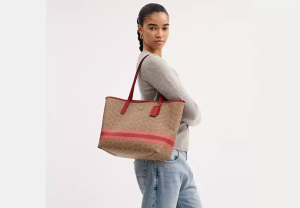 Coach City Tote Bag In Signature Canvas With Stripe Gold/Tan Multi - Image 2