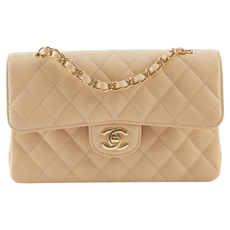 Chanel Classic Flap small bag beige caviar leather gold hardware CC logo 2026