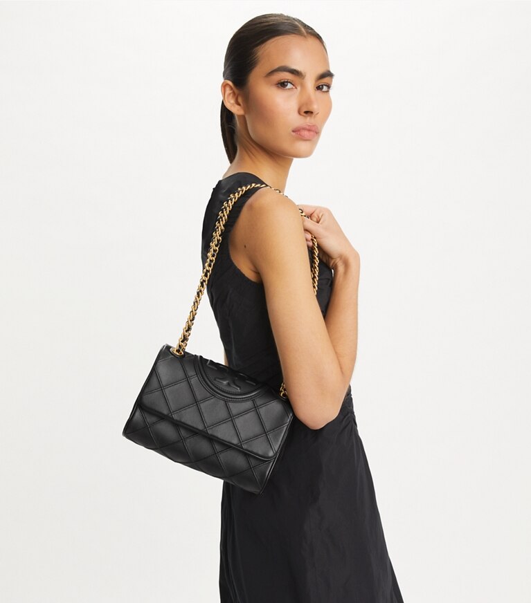 Tory Burch Fleming soft convertible shoulder bag quilted leather black gold hardware