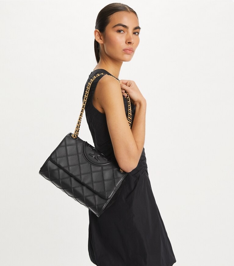 Tory Burch Fleming soft shoulder bag black quilted leather convertible women
