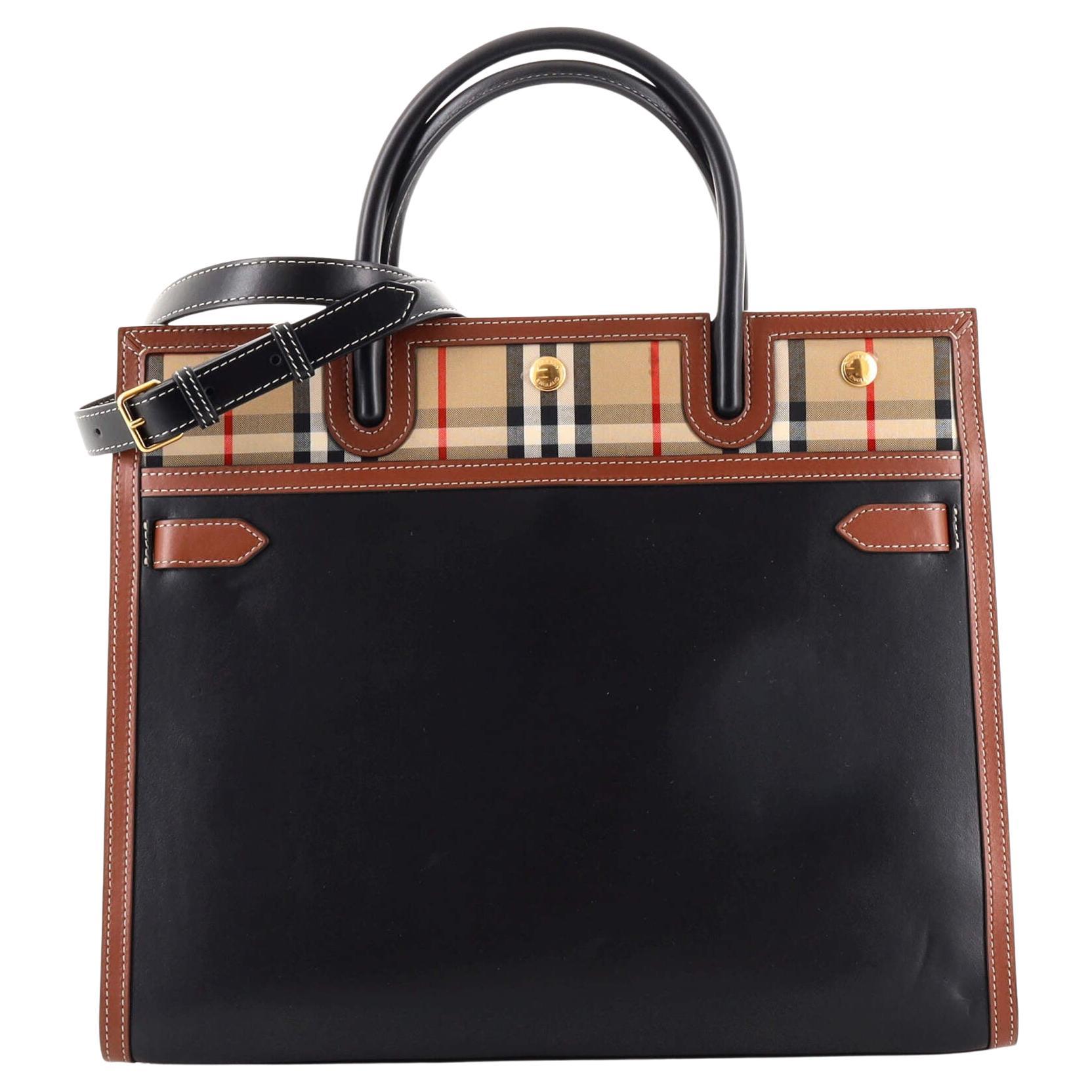 Burberry medium title tote vintage check canvas tan beige