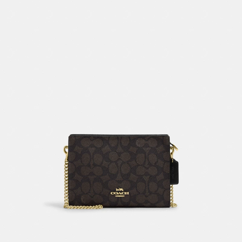 Coach Slim Crossbody Bag Signature Canvas Gold Walnut Black 2024