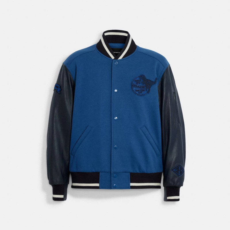 Coach Stripe Wool Varsity Jacket electric blue cobalt 2025