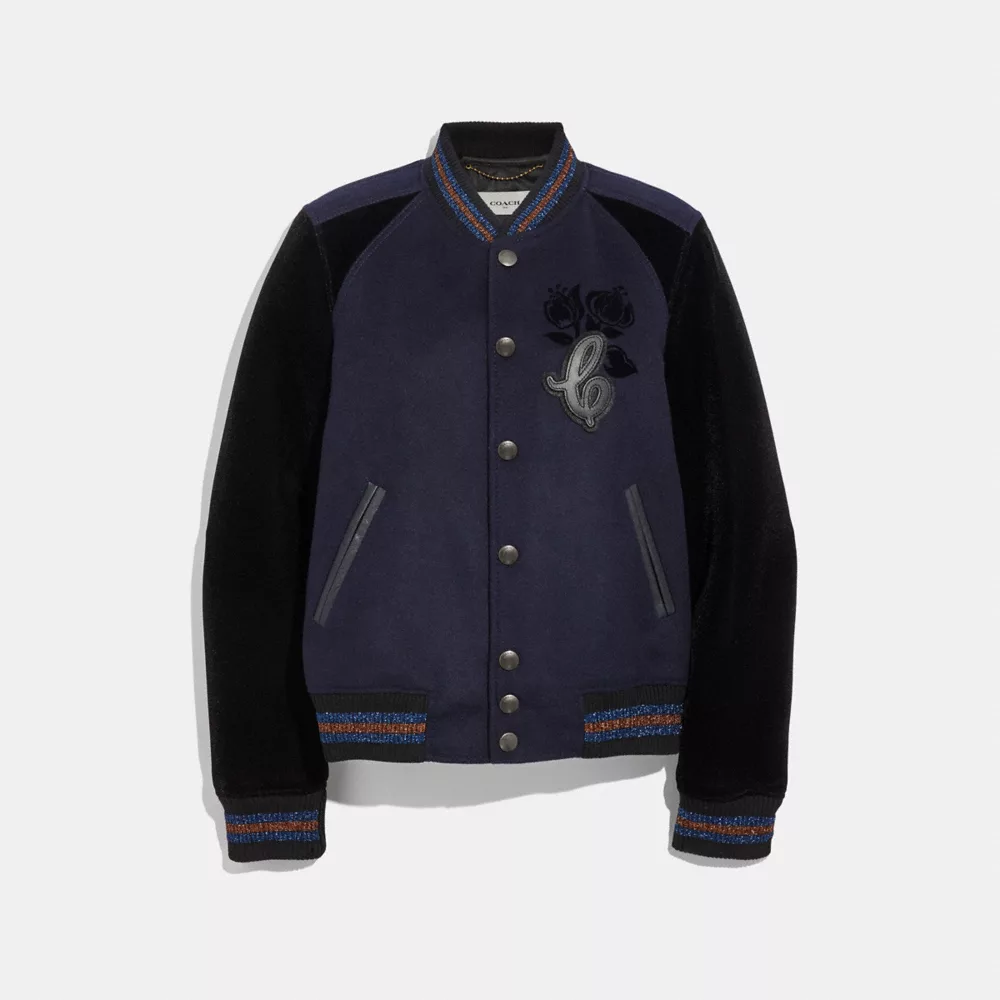 Coach Stripe Wool Varsity Jacket navy blue 2025