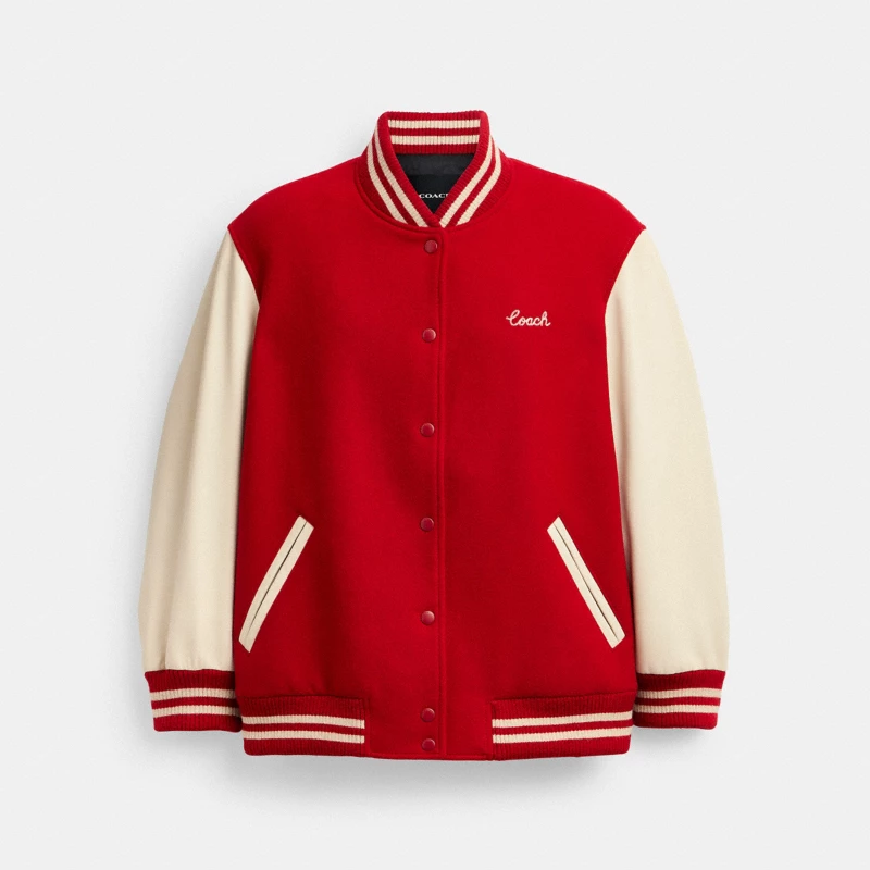 Coach Stripe Wool Varsity Jacket red wool varsity 2024