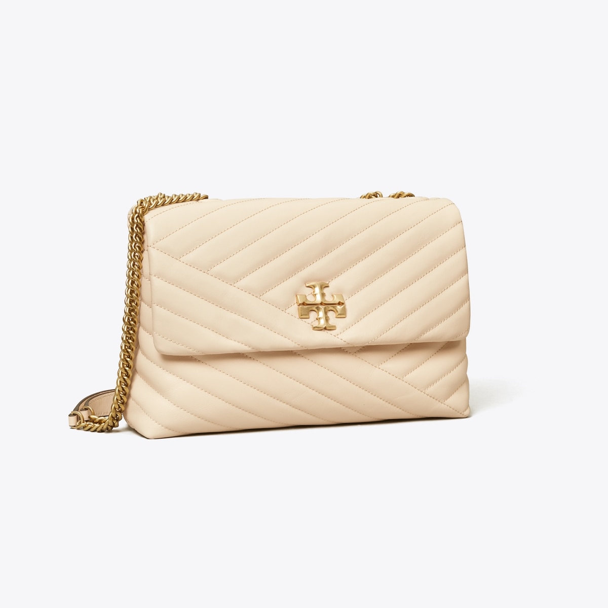 Tory Burch Kira Chevron Convertible Shoulder Bag gold T logo medallion hardware ivory cream leather