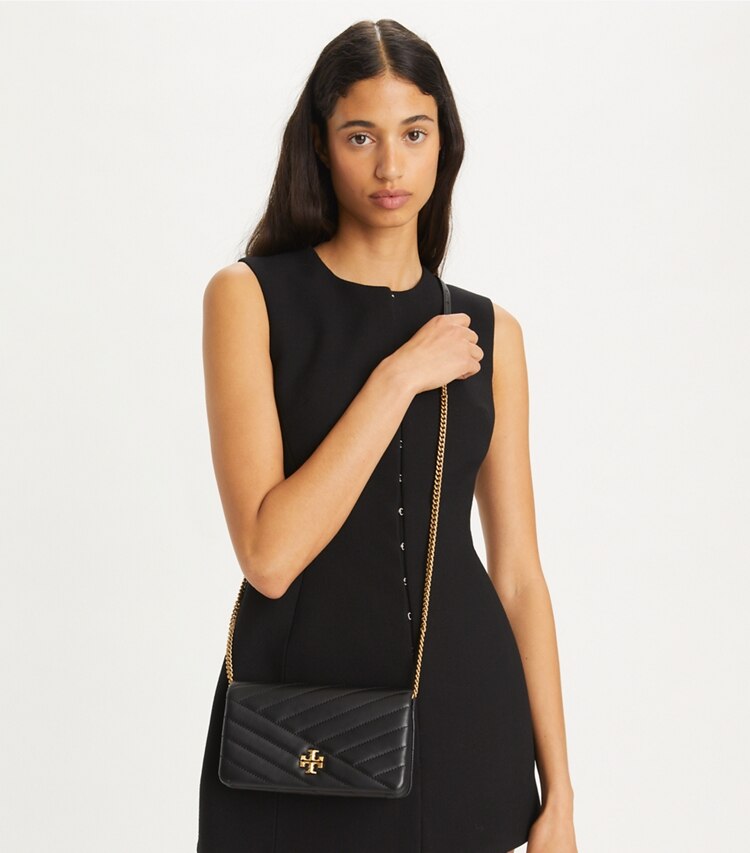 Tory Burch Kira small chevron quilted crossbody bag black pebbled leather gold double-T hardware