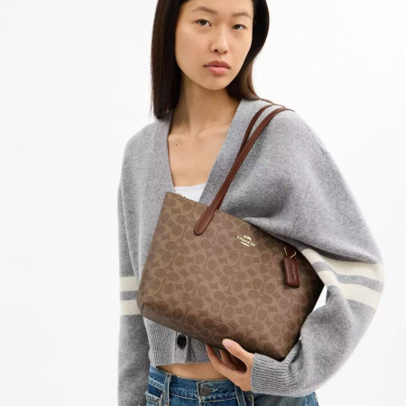 Coach Fiona Zip Tote Bag In Signature Canvas IM/Khaki/Saddle 2