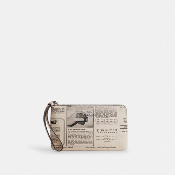 Coach Large Corner Zip Wristlet With Newspaper Print