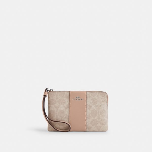Coach Corner Zip Wristlet In Signature Canvas With Stripe