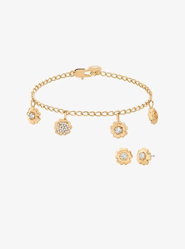 Michael Kors Pave Flower Charm Bracelet and Stud Earrings Jewelry Set