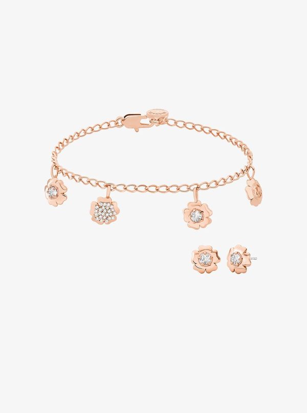 Michael Kors Pave Flower Charm Bracelet and Stud Earrings Jewelry Set