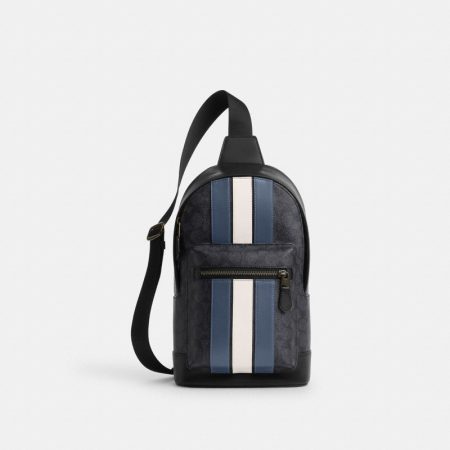 Coach West Pack In Signature Canvas With Varsity Stripe Gunmetal/Charcoal/Denim/Chalk