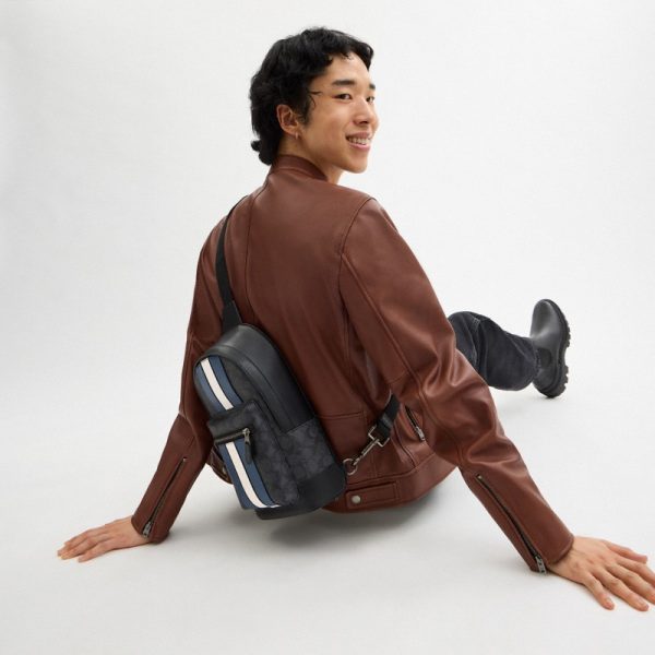 Coach West Pack In Signature Canvas With Varsity Stripe Gunmetal/Charcoal/Denim/Chalk