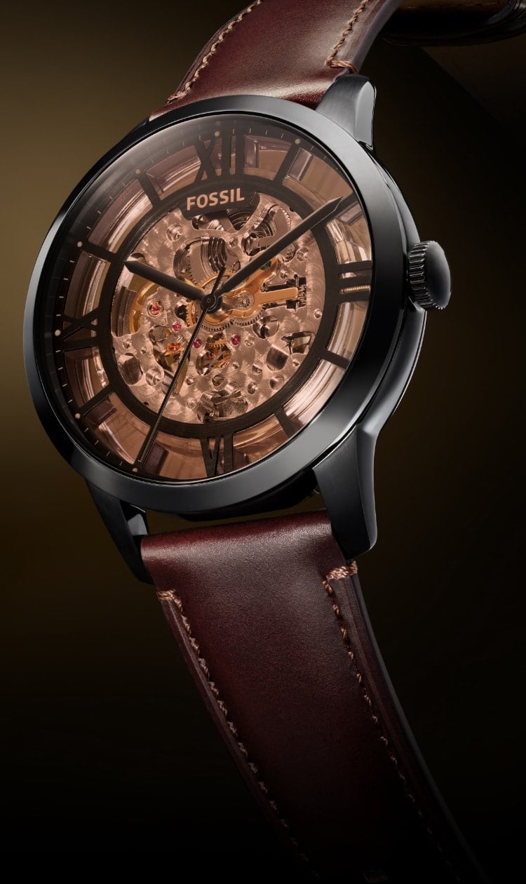 Fossil Townsman Automatic FS5426 vintage brown leather strap exhibition caseback automatic watch