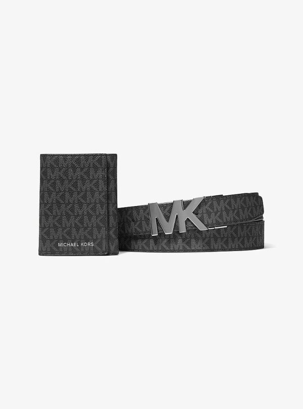 Michael Kors Signature Logo Tri-Fold Card Case and Belt Gift Set