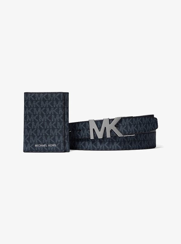 Michael Kors Signature Logo Tri-Fold Card Case and Belt Gift Set