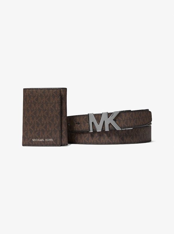 Michael Kors Signature Logo Tri-Fold Card Case and Belt Gift Set