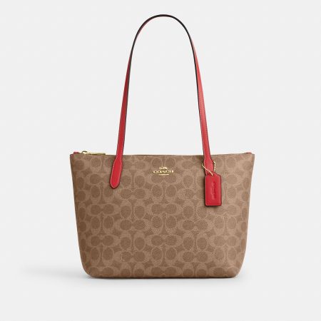 Coach Fiona Zip Tote Bag In Signature Canvas Brass/Tan/Carnation - Ready Stock Malaysia