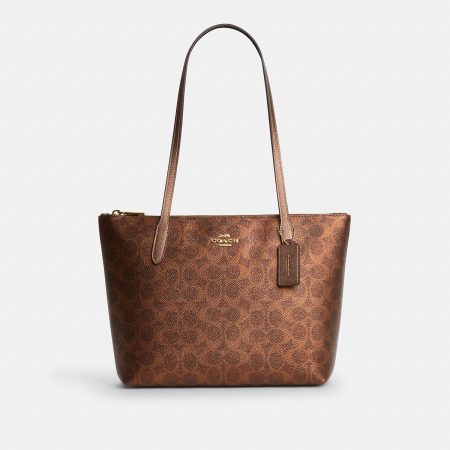 Coach Fiona Zip Tote Bag In Signature Canvas Brass/Brown/Copper - Ready Stock Malaysia