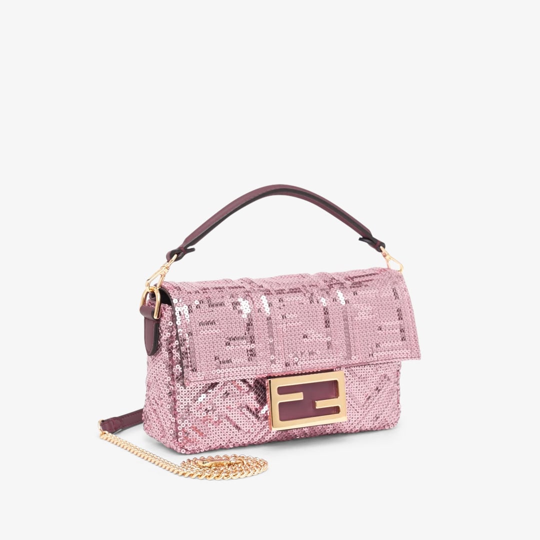 Fendi Baguette mini bag pink FF logo fabric sequin embellished 2024