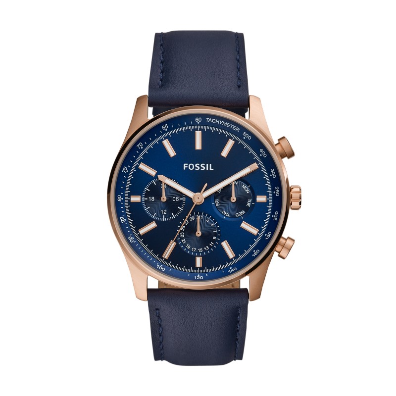 Fossil Commuter Chronograph 44mm navy blue leather strap stainless steel case