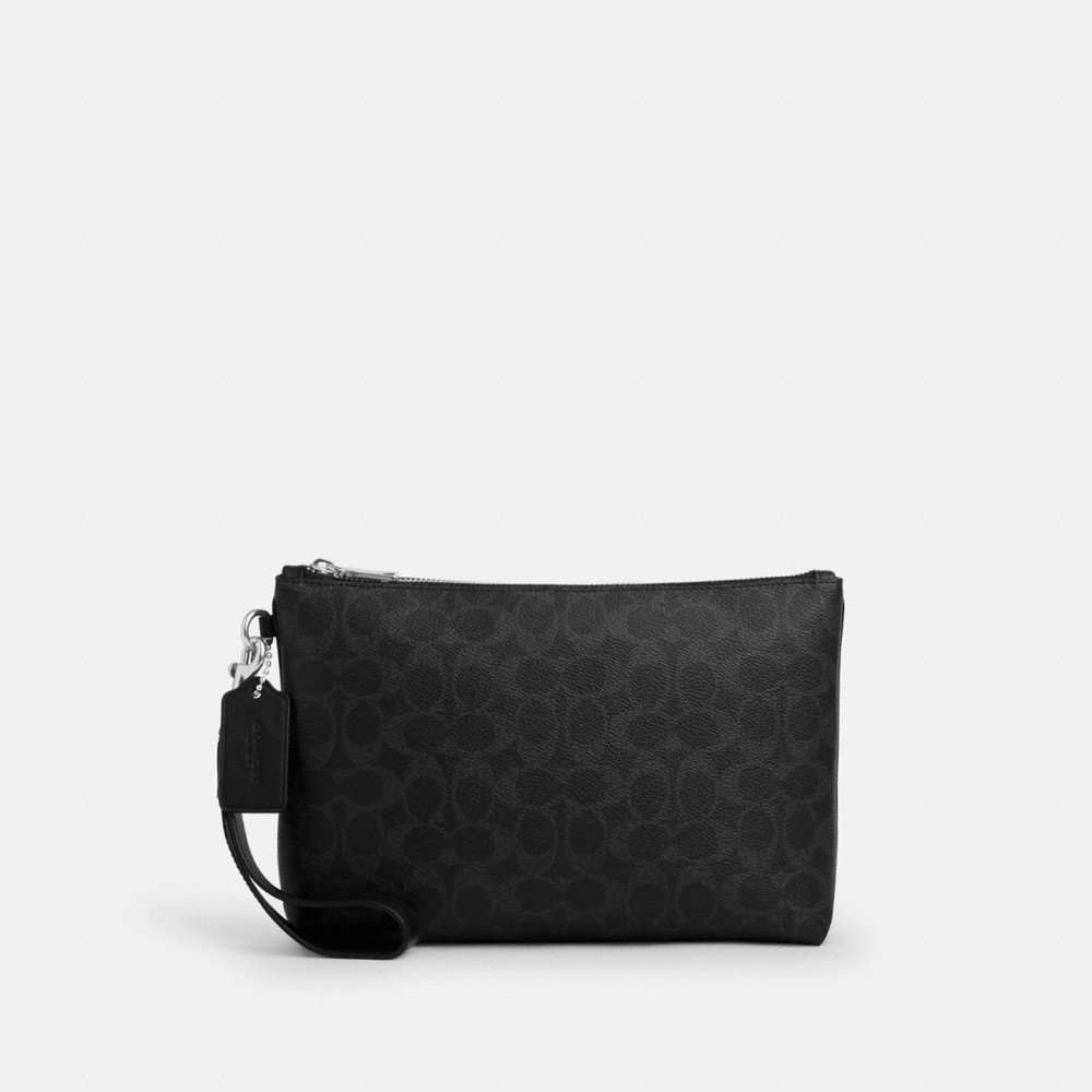 Coach Pouch In Signature Canvas Silver/Black Signature - Preorder