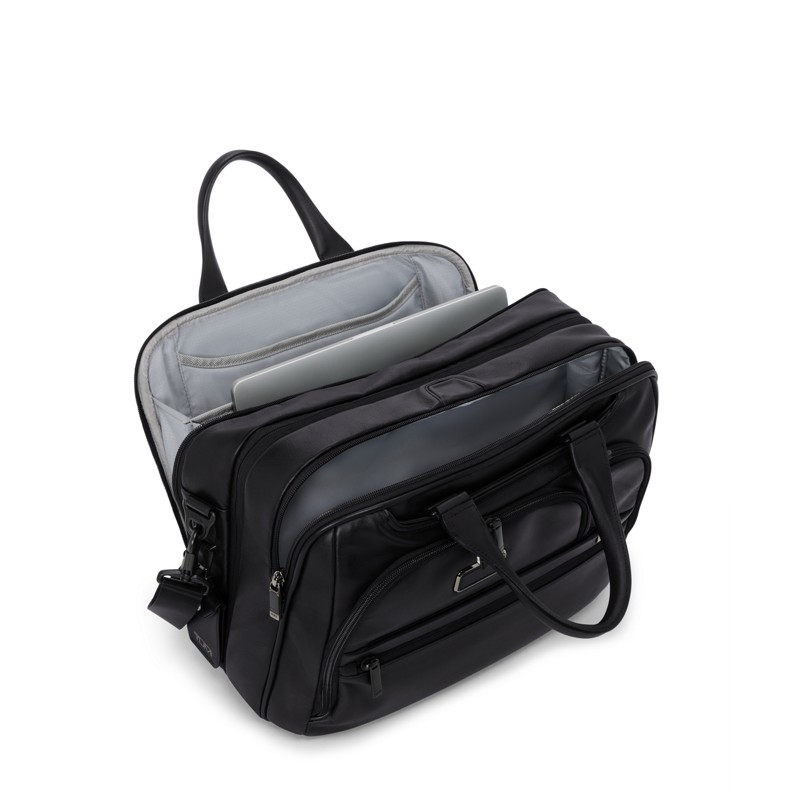 Tumi leather briefcase tote black structured executive 2025