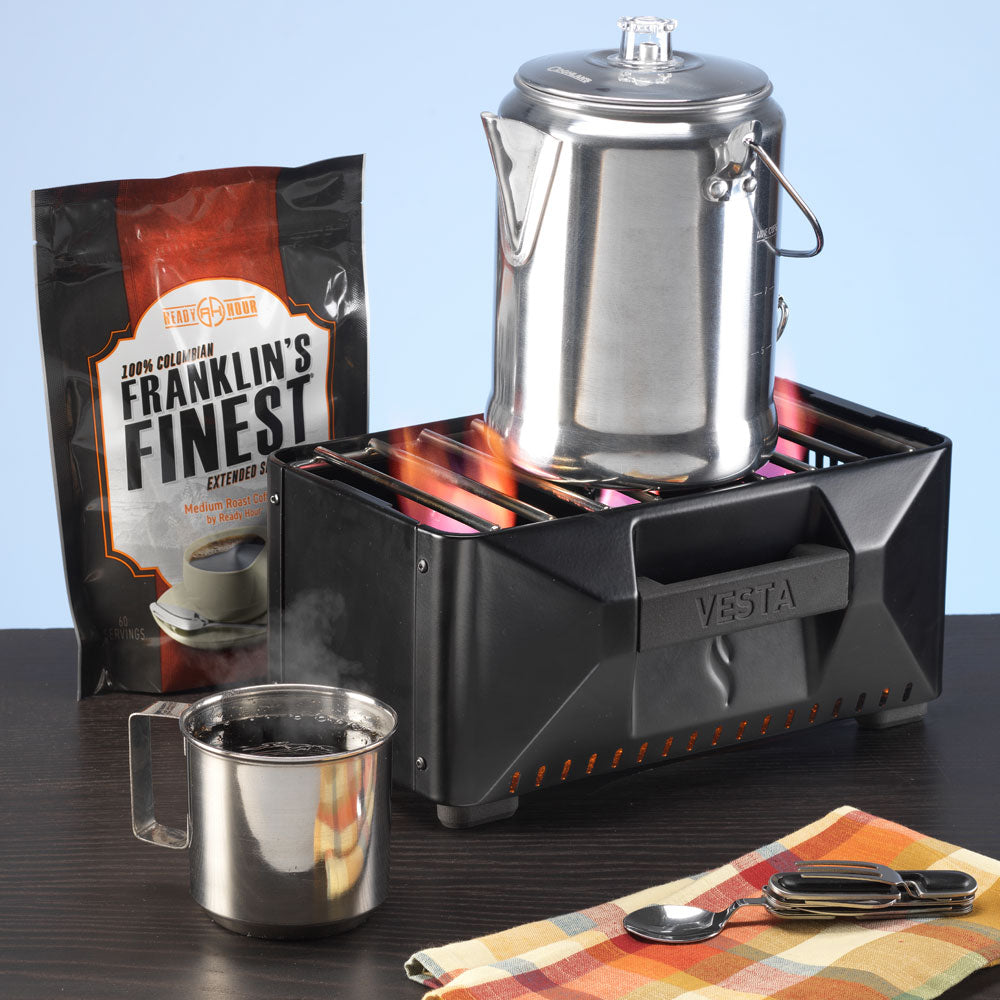 InstaFire VESTA compact off-grid heater and stove angle view