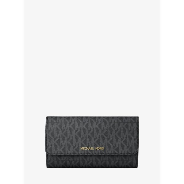 Michael Kors Jet Set Large Black Signature Logo Tri-Fold Wallet front view