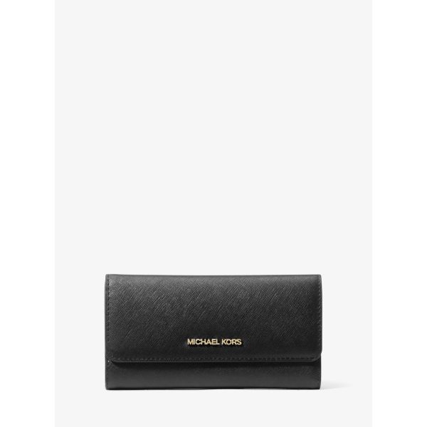 Michael Kors Jet Set Travel Black Crossgrain Leather Tri-Fold Wallet front view