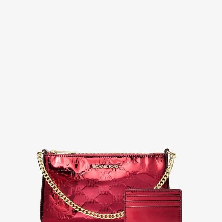 Michael Kors Jet Set Medium Metallic Logo Debossed Pochette and Card Case Gift Set Cherry - Preorder