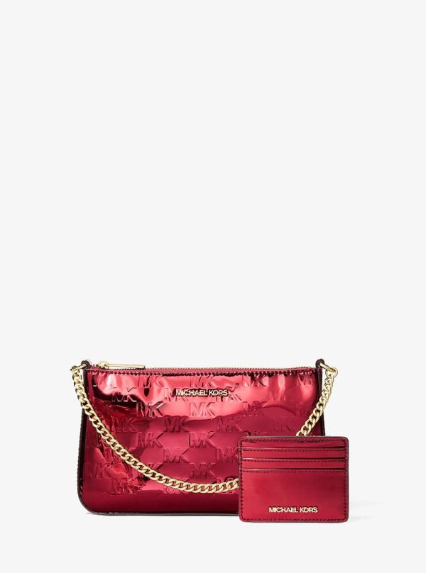 Michael Kors Jet Set Medium Metallic Logo Debossed Pochette and Card Case Gift Set Cherry - Preorder