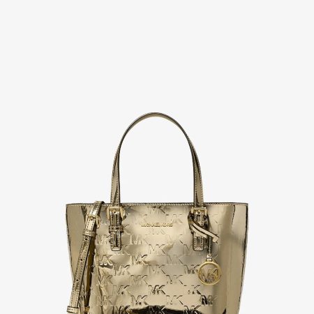 Michael Kors Jet Set Extra-Small Metallic Logo Debossed Convertible Tote Bag Pale Gold - Preorder