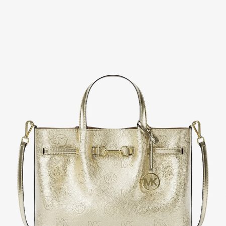 Michael Kors Carson Medium Metallic Logo Debossed Satchel Pale Gold - Preorder