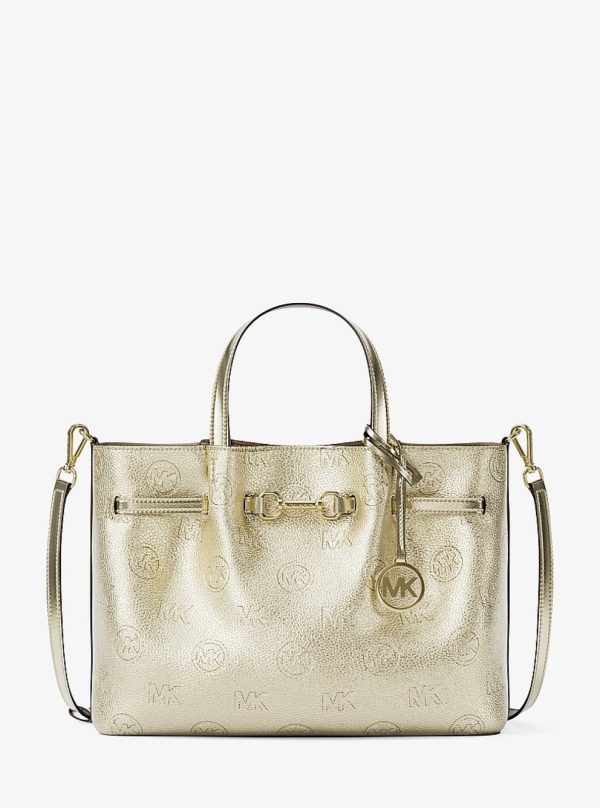 Michael Kors Carson Medium Metallic Logo Debossed Satchel Pale Gold - Preorder