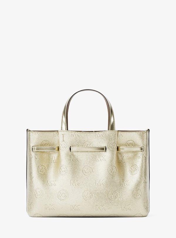 Michael Kors Carson Medium Metallic Logo Debossed Satchel Pale Gold - Preorder