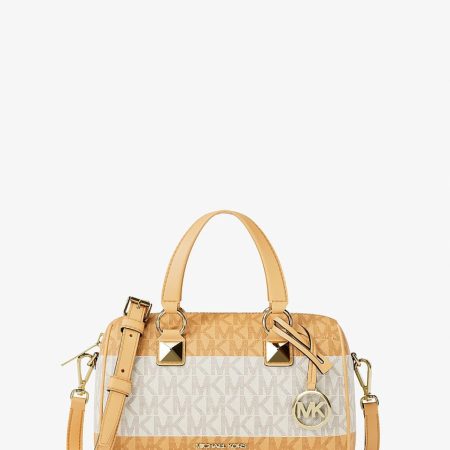 Michael Kors Grayson Small Striped Signature Logo Duffel Crossbody Bag Honeywheat - Preorder