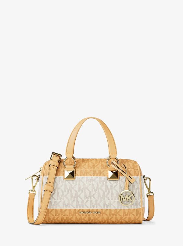 Michael Kors Grayson Small Striped Signature Logo Duffel Crossbody Bag Honeywheat - Preorder