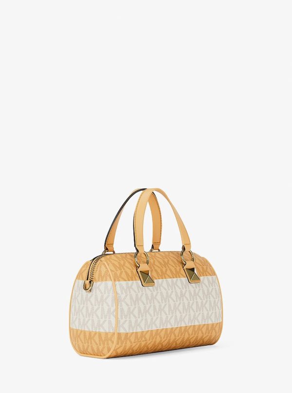 Michael Kors Grayson Small Striped Signature Logo Duffel Crossbody Bag Honeywheat - Preorder