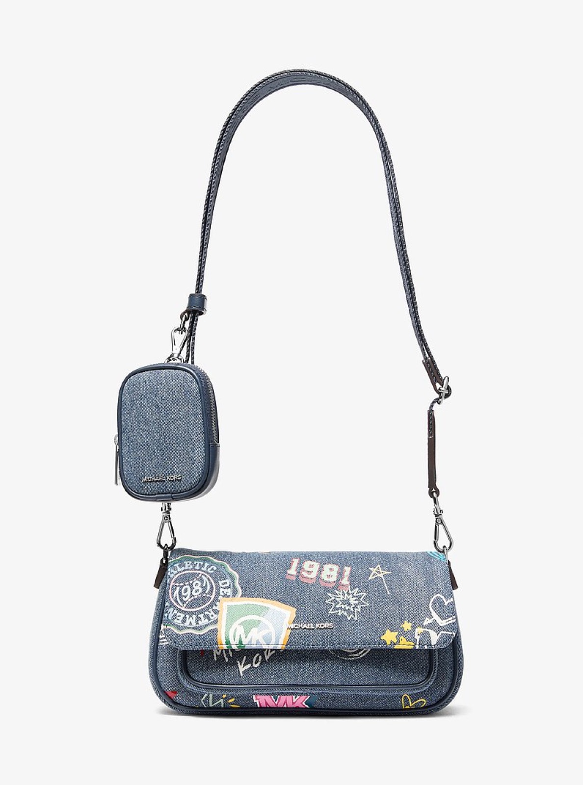 Michael Kors Jet Set Travel Small Embellished Denim Crossbody Bag With Pouch Washed Denim - Preorder