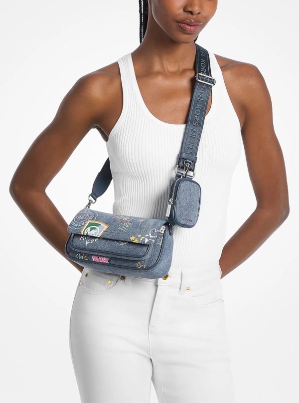 Michael Kors Jet Set Travel Small Embellished Denim Crossbody Bag With Pouch Washed Denim - Preorder