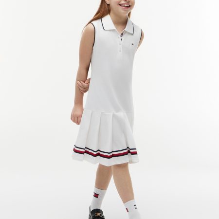 Tommy Hilfiger Kids' Sleeveless Pleated Polo Dress in Optic White