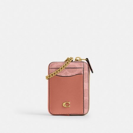 Coach Essential Chain Card Case In Signature Canvas in Brass/Melon Pink