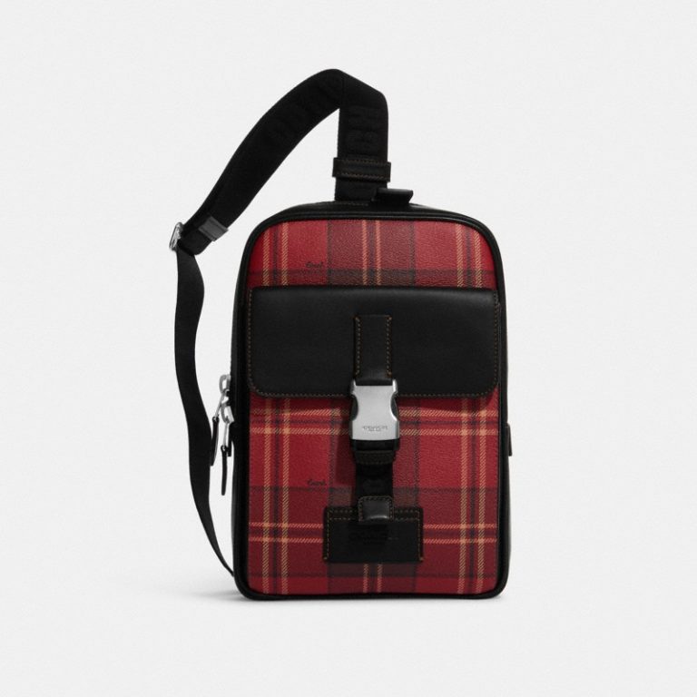 Coach Track Pack With Tartan Plaid Print Silver/Red/Black Multi - Ready Stock Malaysia