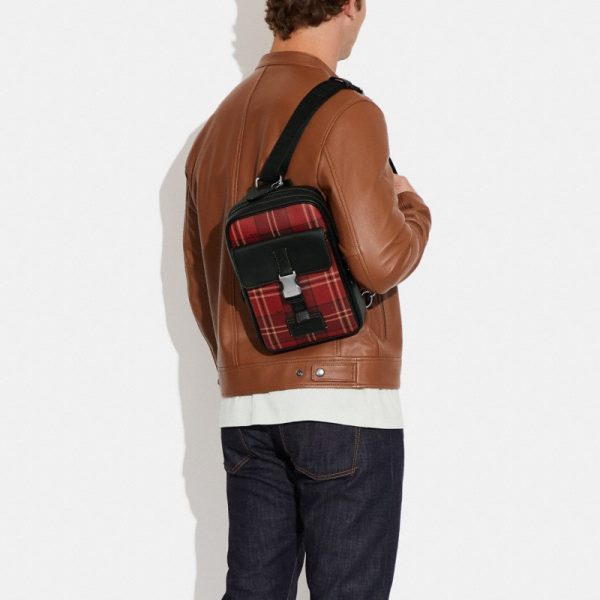 Coach Track Pack With Tartan Plaid Print Silver/Red/Black Multi - Ready Stock Malaysia