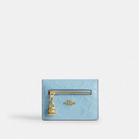 Coach Card Case With Charm In Signature Leather in Brass/Light Blue
