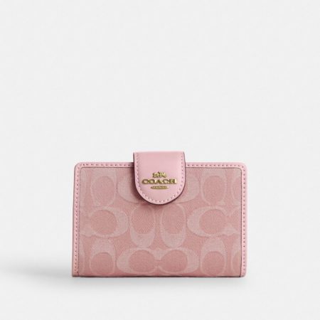 Coach Medium Corner Zip Wallet In Signature Denim Brass/Light Pink