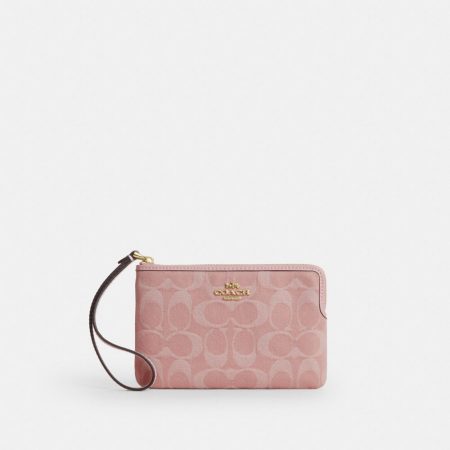 Coach Corner Zip Wristlet In Signature Denim Brass/Light Pink